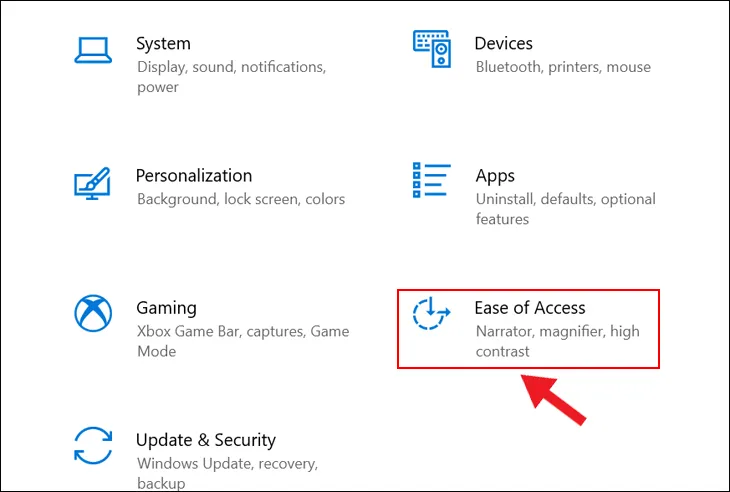 Mục Ease of Access trong cài đặt Windows, nơi chứa các tùy chọn trợ năng