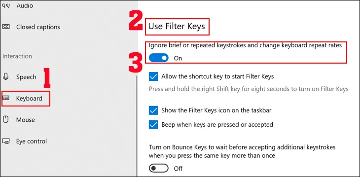 Tùy chọn Use Filter Keys trong cài đặt bàn phím, hiển thị công tắc bật/tắt