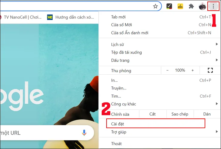 Biểu tượng ba chấm trên Google Chrome, mở menu cài đặt