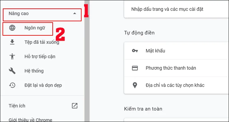 Menu cài đặt Chrome, mục Nâng cao và tùy chọn Ngôn ngữ