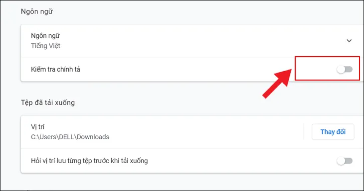 Tùy chọn Kiểm tra chính tả trong cài đặt ngôn ngữ của Chrome, được tắt