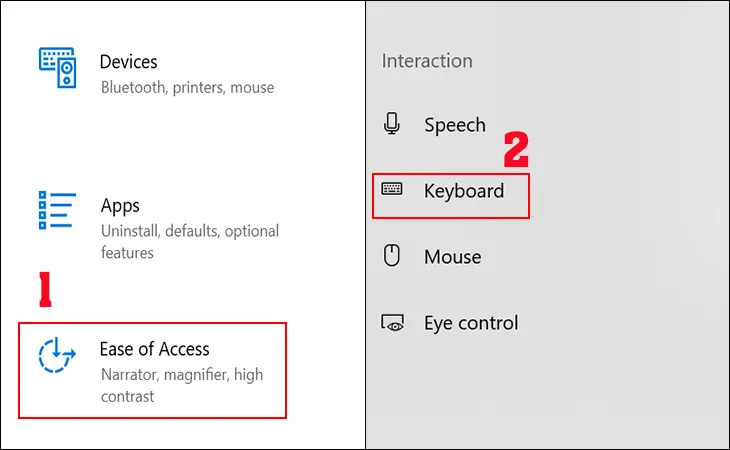 Mục Ease of Access trong cài đặt Windows, dẫn đến cài đặt bàn phím