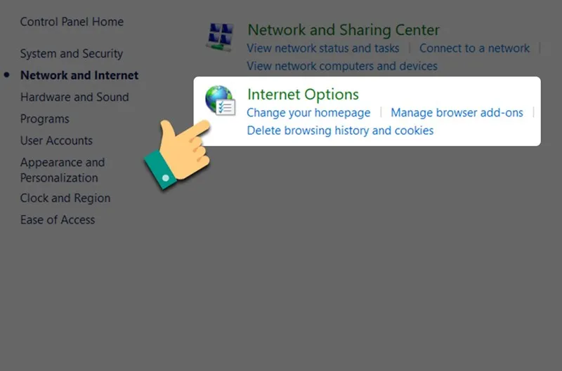 Chọn Internet Options để cấu hình lại mạng
