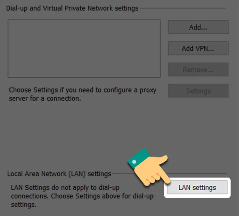 Chọn LAN settings trong Connections khắc phục lỗi mạng