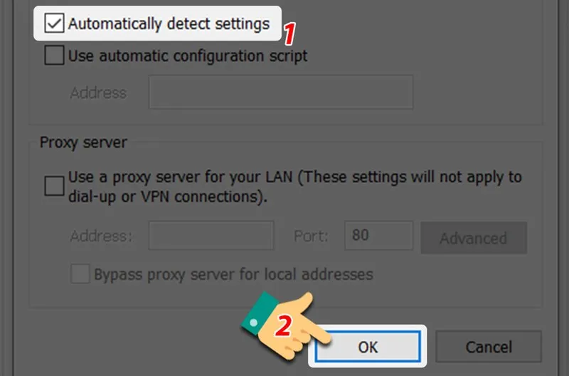 Chọn Automatically detect settings để sửa lỗi máy tính không vào được mạng
