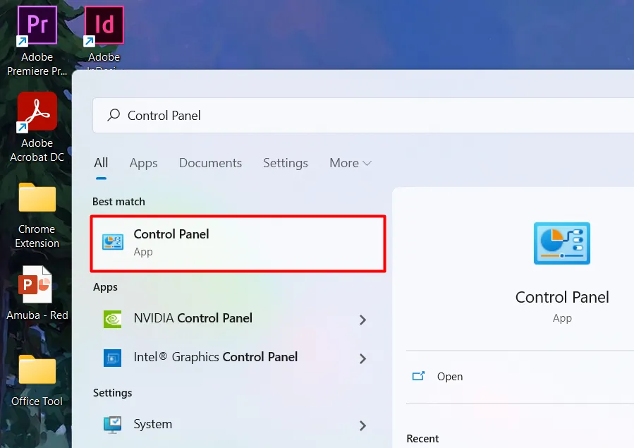 Mở Control Panel trên Windows để bắt đầu sửa chữa Office, áp dụng cách mở file trắng trên máy tính