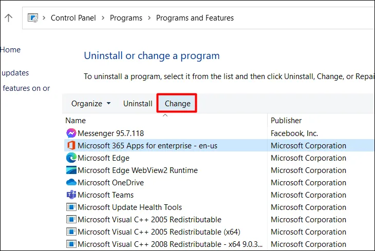 Tìm và chọn Microsoft Office để thực hiện thao tác Change, phục vụ việc sửa chữa để mở file trắng trên máy tính