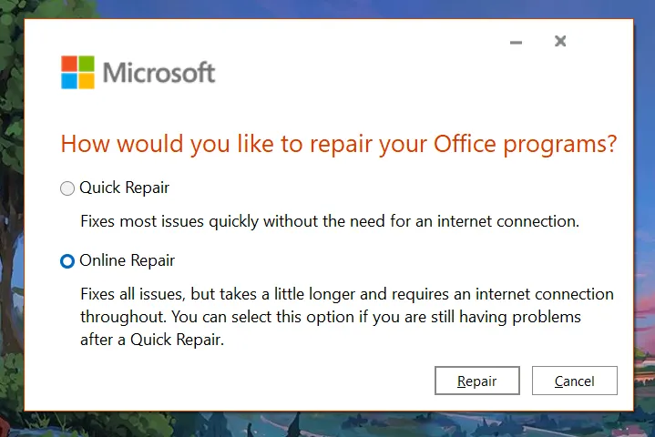 Thực hiện Online Repair cho Microsoft Office để khắc phục triệt để lỗi, giúp mở file trắng trên máy tính