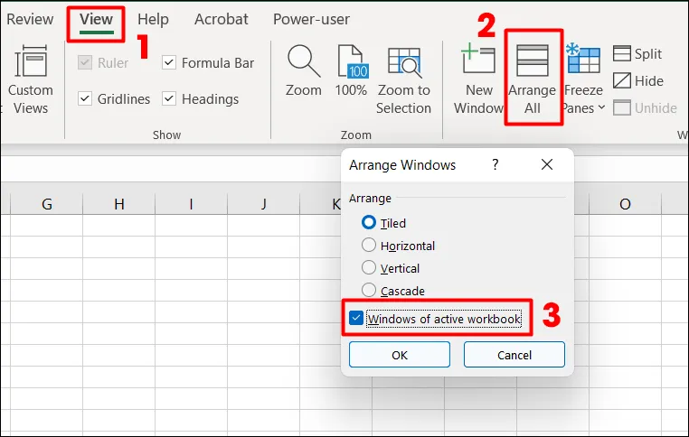Sử dụng tính năng Arrange All trong Excel để sắp xếp cửa sổ, một giải pháp để mở file trắng trên máy tính