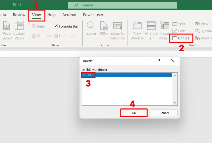 Hướng dẫn bỏ ẩn trang tính trong Excel để khắc phục tình trạng file trắng, một trong những cách mở file trắng trên máy tính