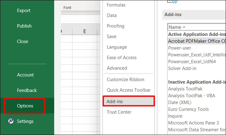 Chọn mục Add-ins trong Options của Excel để quản lý tiện ích, hỗ trợ cách mở file trắng trên máy tính