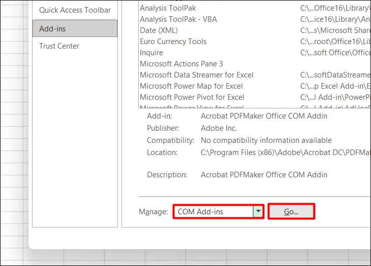 Kiểm tra và vô hiệu hóa COM Add-ins nếu lỗi vẫn tiếp diễn, áp dụng cách mở file trắng trên máy tính