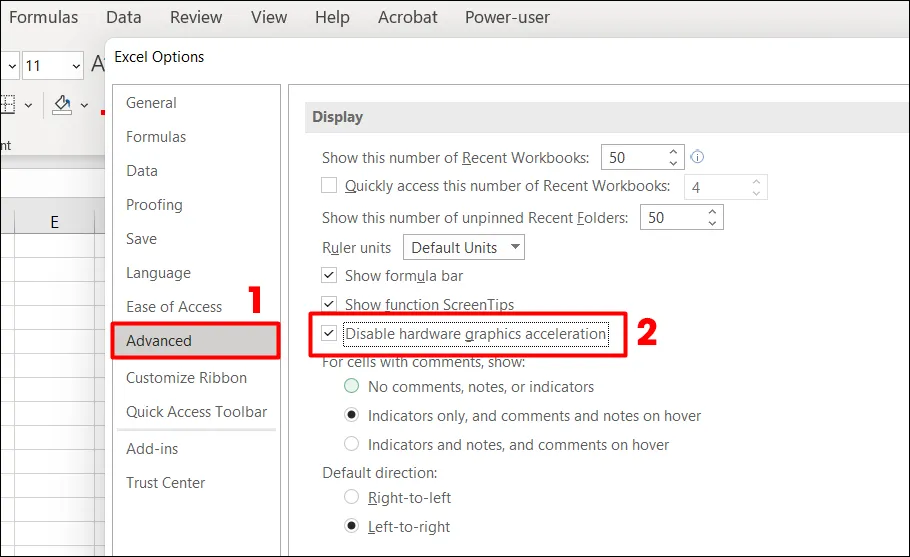Vô hiệu hóa tăng tốc phần cứng đồ họa trong Excel để sửa lỗi hiển thị, một phương pháp để mở file trắng trên máy tính