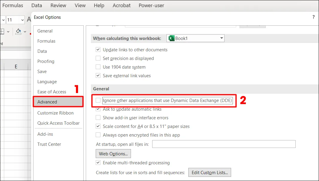 Tắt tính năng Dynamic Data Exchange (DDE) trong Excel để ngăn ngừa xung đột, giúp người dùng biết cách mở file trắng trên máy tính