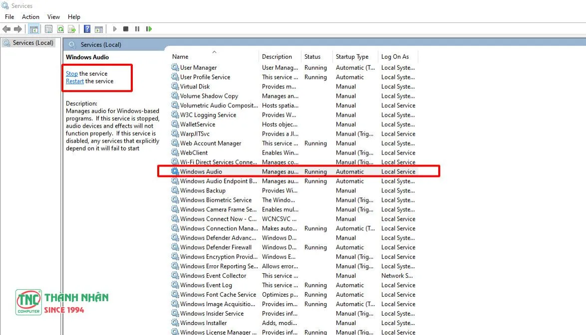 Khởi động lại dịch vụ Windows Audio để sửa lỗi