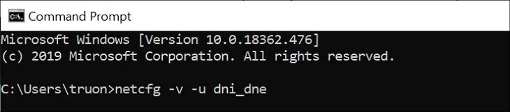 Tiếp tục nhập lệnh netcfg -v -u dni_dne