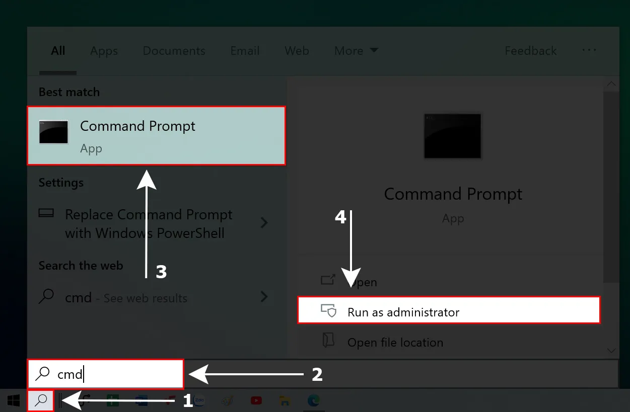 Mở Command Prompt với quyền quản trị viên