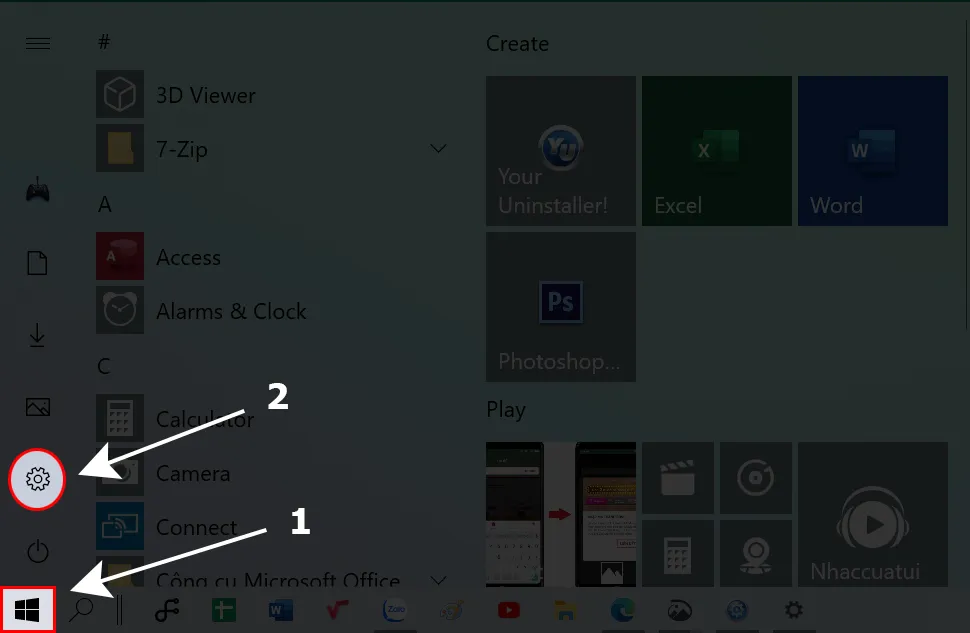 Bấm chọn Start và chọn Settings (Cài đặt)