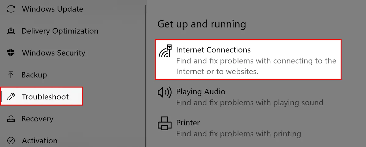 Chọn Troubleshoot và Internet Connections
