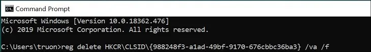 Nhập lệnh reg delete trong Command Prompt