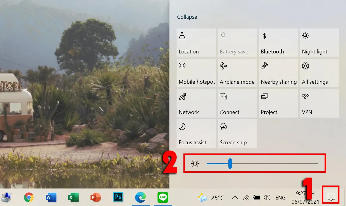 Thanh trượt điều chỉnh độ sáng màn hình máy tính trong Action Center của Windows