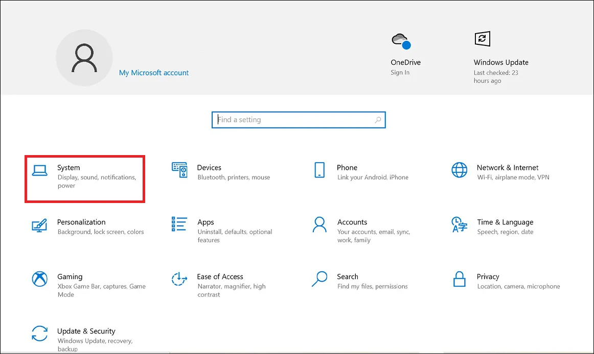 Chọn mục System trong cài đặt Windows để tiếp tục tăng độ sáng màn hình máy tính