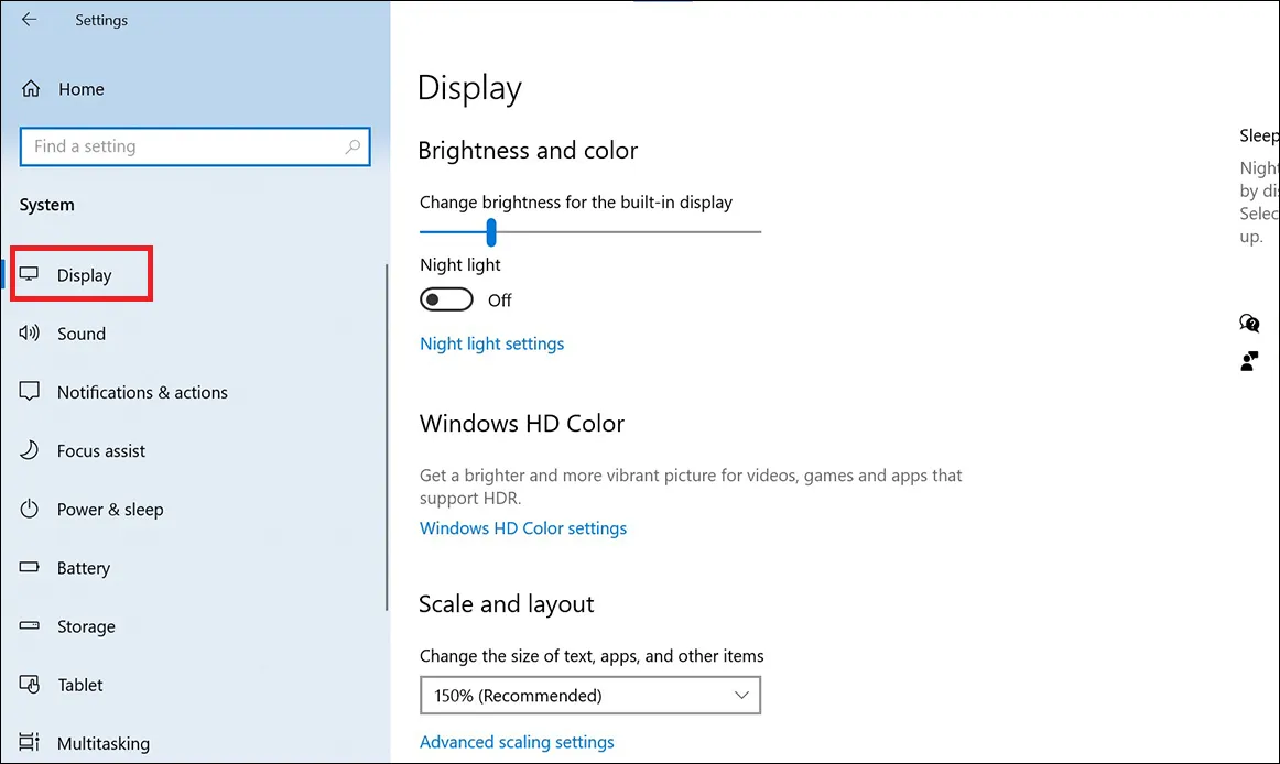 Chọn Display để tùy chỉnh cách mở sáng màn hình máy tính thông qua cài đặt hiển thị