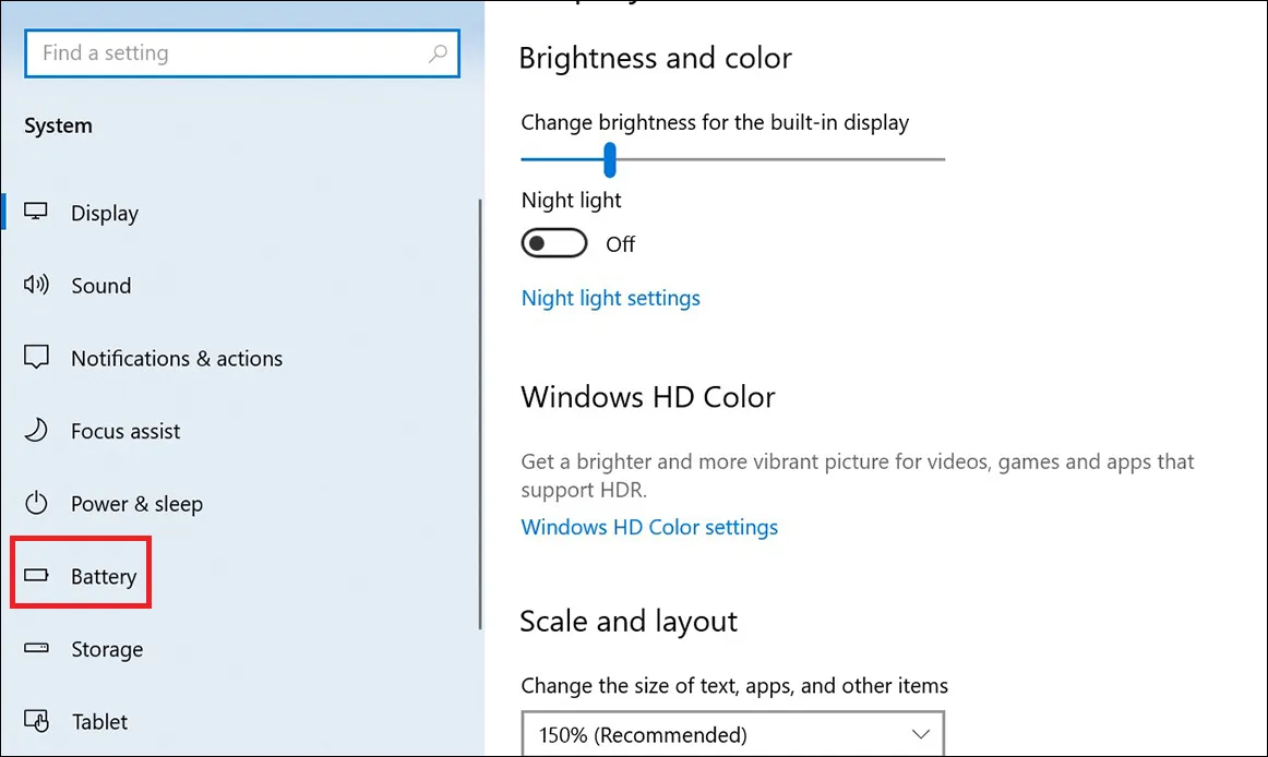 Truy cập tùy chọn Pin (Battery) để tự động hóa cách mở sáng màn hình máy tính