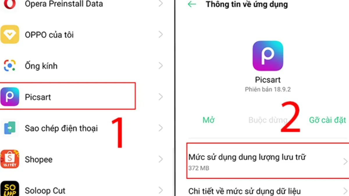 Giao diện quản lý dung lượng lưu trữ của ứng dụng để khắc phục chế độ an toàn trên máy Samsung