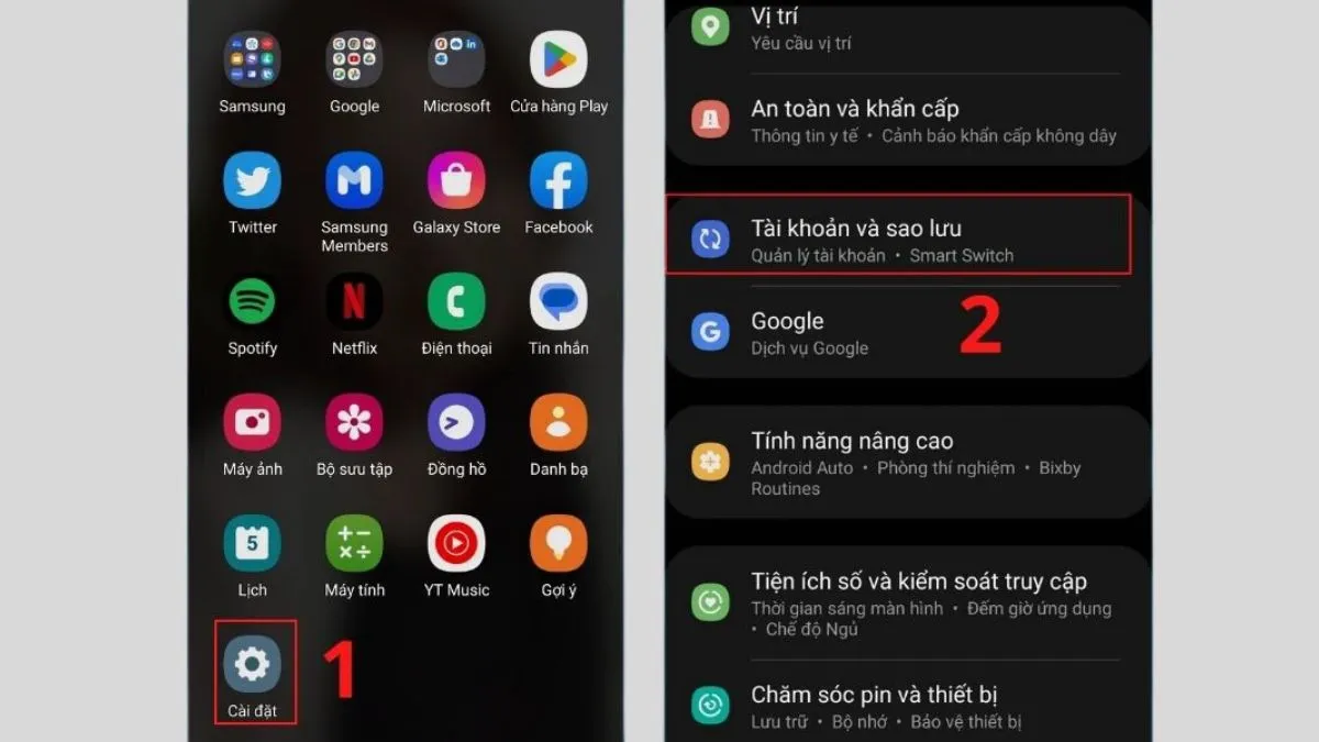 Menu Tài khoản và sao lưu trong cài đặt, bước đầu để khôi phục cài đặt gốc và thoát chế độ an toàn trên máy Samsung
