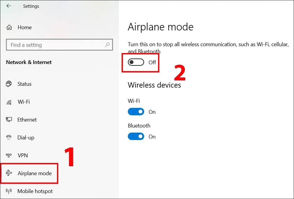 Thanh trượt của chế độ Airplane Mode trên laptop Asus được điều chỉnh để tắt