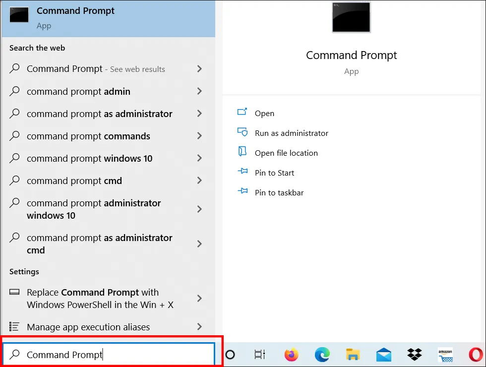 Người dùng laptop Asus gõ tìm kiếm Command Prompt trên Taskbar