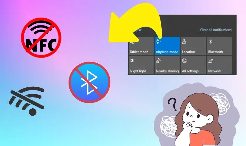 Laptop hiển thị các biểu tượng kết nối mạng và chế độ máy bay, minh họa tầm quan trọng của việc tắt chế độ máy bay trên Win 7.