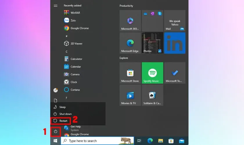 Menu Start hiển thị tùy chọn nguồn và khởi động lại máy tính, một phương pháp hiệu quả để tắt chế độ máy bay.