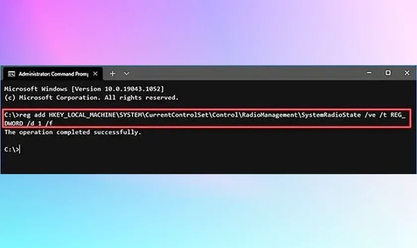 Giao diện Command Prompt hiển thị câu lệnh để điều chỉnh cài đặt hệ thống, bao gồm cách tắt chế độ máy bay trên Win 7.
