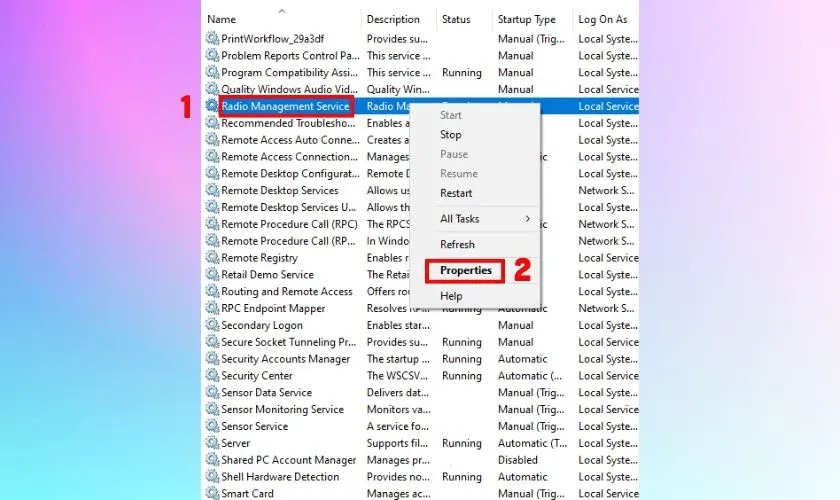 Nhấp chuột phải vào Radio Management Service và chọn Properties