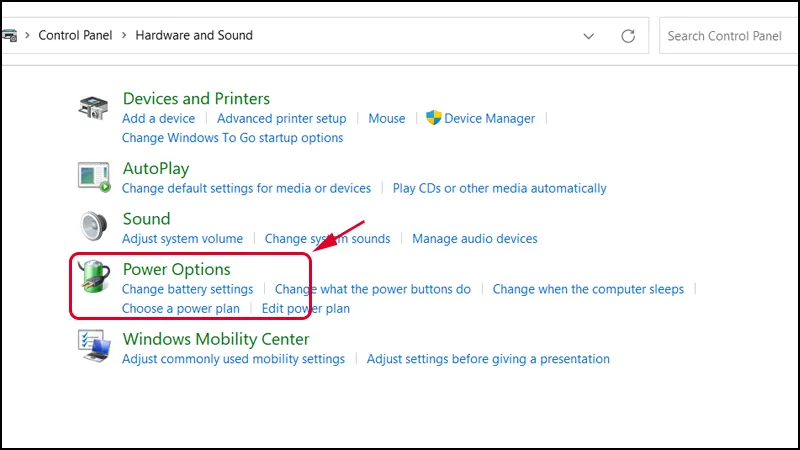 Giao diện lựa chọn Power Options trong Control Panel, nơi cấu hình các chế độ tắt máy và quản lý năng lượng.