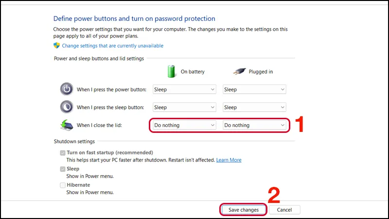 Hướng dẫn cấu hình hành động &quot;Do nothing&quot; khi gập màn hình laptop, cho phép máy vẫn hoạt động hoặc phát nhạc.