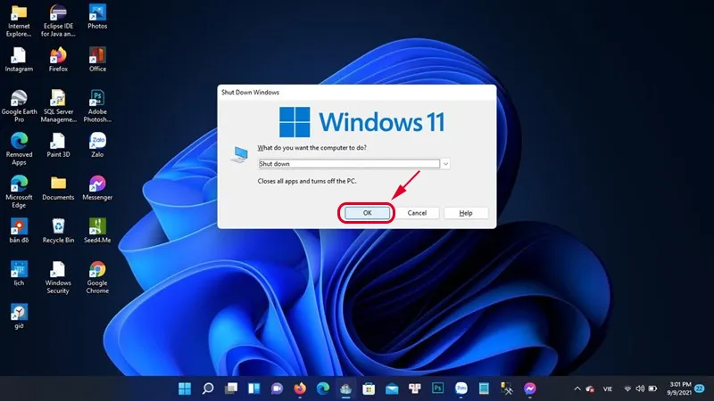 Cửa sổ Shut Down Windows trên Windows 11 sau khi nhấn Alt + F4, chỉ cần nhấp OK để thực hiện cách tắt máy.