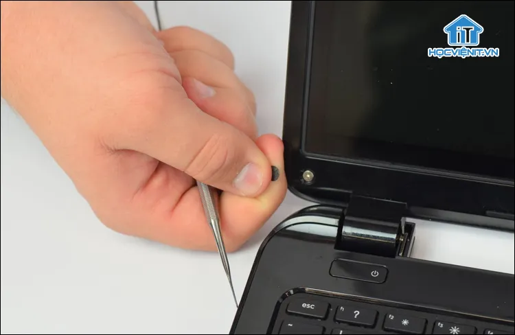 Cạy miếng đệm cao su che ốc khi tháo màn hình máy tính HP