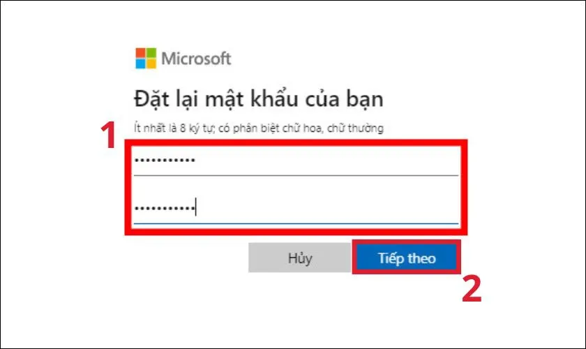 Người dùng đặt lại mật khẩu mới và nhấn Tiếp theo, hoàn tất quy trình để có thể mở máy tính khi không nhớ mật khẩu.