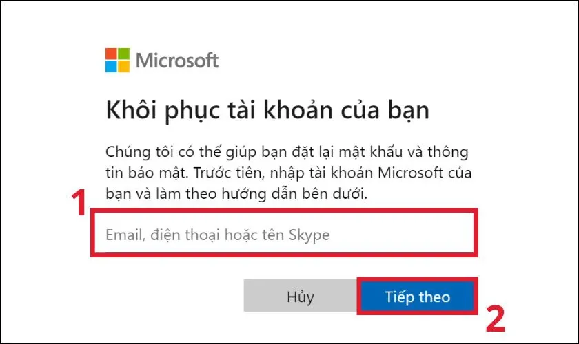 Người dùng nhập tài khoản Outlook đã đăng ký và nhấn Tiếp theo để bắt đầu quá trình khôi phục, một cách để mở máy tính khi không nhớ mật khẩu.