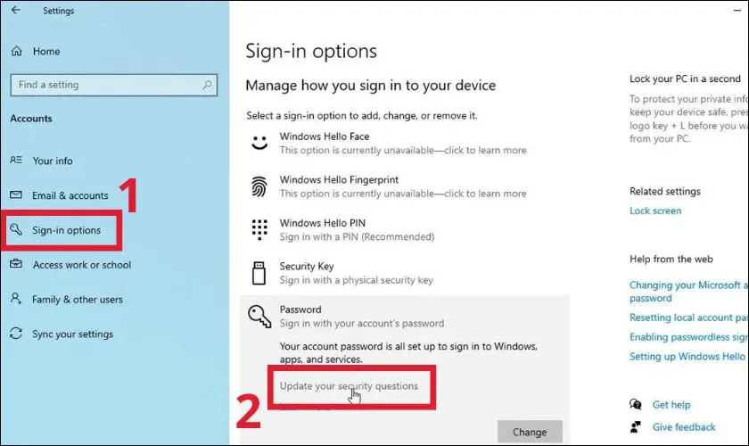 Chọn Update your security questions để cập nhật câu hỏi bảo mật, một bước chuẩn bị cần thiết cho cách mở máy tính khi không nhớ mật khẩu.