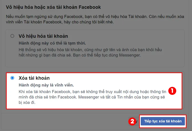 Chọn vào mục Xóa tài khoản &gt; Chọn Tiếp tục xóa tài khoản