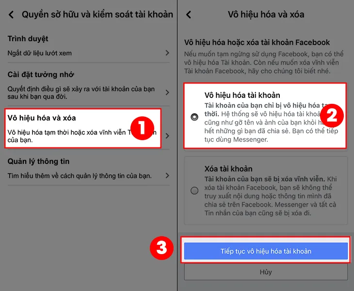 Chọn vào Vô hiệu hóa và xóa &gt; Nhấn Vô hiệu hóa tài khoản &gt; Chọn Tiếp tục vô hiệu hóa tài khoản