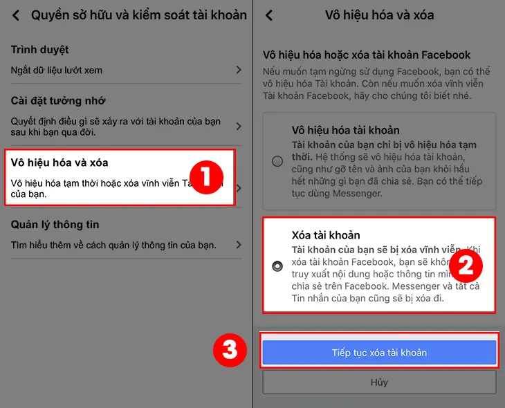 Lựa chọn xóa tài khoản vĩnh viễn trên Facebook, phân biệt rõ với vô hiệu hóa tạm thời khi bạn cần cách mở khóa facebook trên máy tính.