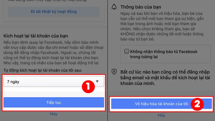 Chọn vào thời gian tự động kích hoạt tài khoản &gt; Nhấn chọn Tiếp tục &gt; Chọn Vô hiệu hóa tài khoản của tôi