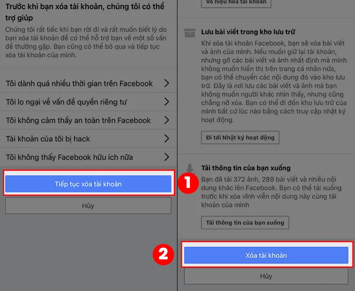 Tùy chọn tải về thông tin cá nhân trước khi xóa tài khoản Facebook, một bước quan trọng để bảo vệ dữ liệu trước khi tìm cách mở khóa facebook trên máy tính khác.