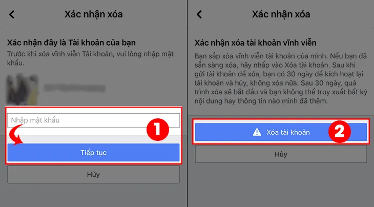 Xác nhận mật khẩu để hoàn tất việc xóa tài khoản Facebook vĩnh viễn, giúp người dùng hiểu rõ hậu quả trước khi cần cách mở khóa facebook trên máy tính mới.