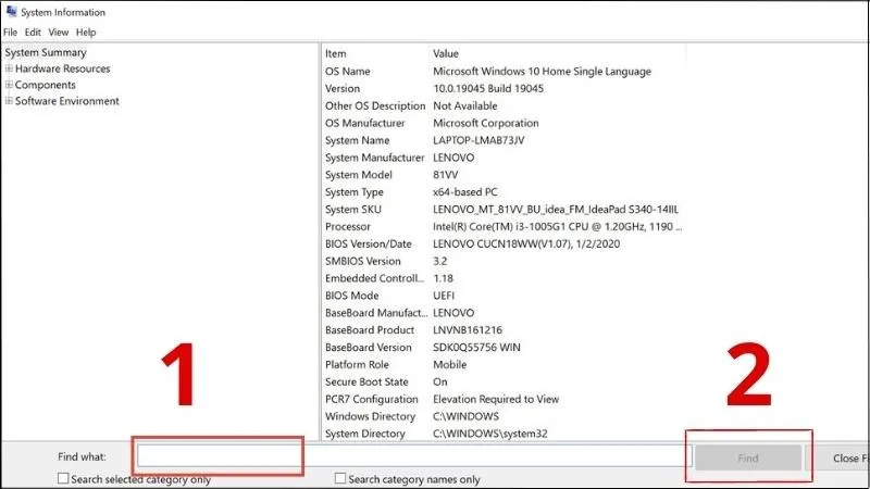 Tìm kiếm thông tin cấu hình từng bộ phận của laptop.